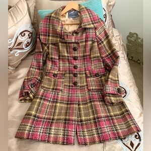 Knitted Dove Wool Plaid Coat in Pink and Brown